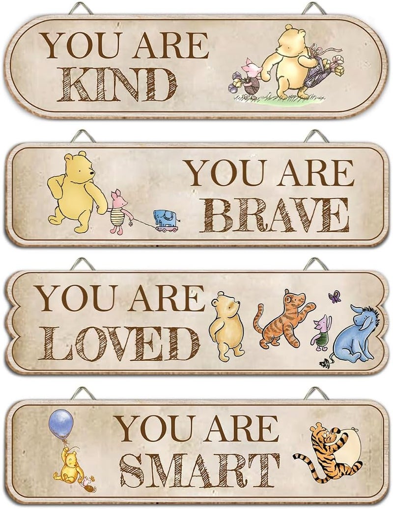 Hatzelou 4PCS Classic Winnie Baby Room Decor, Pooh Nursery Decor, the Pooh Wall Decor Sign Gifts, You Are Kind Brave Inspirational Quotes, Adorable Winnie Sign for Home Bedroom Nursery - Image 1